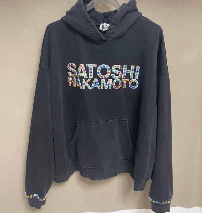 Satoshi Nakamoto Wash Chest Colorful Rhinestone Large Letter Cuff Rhinestone Hoodie 29531088