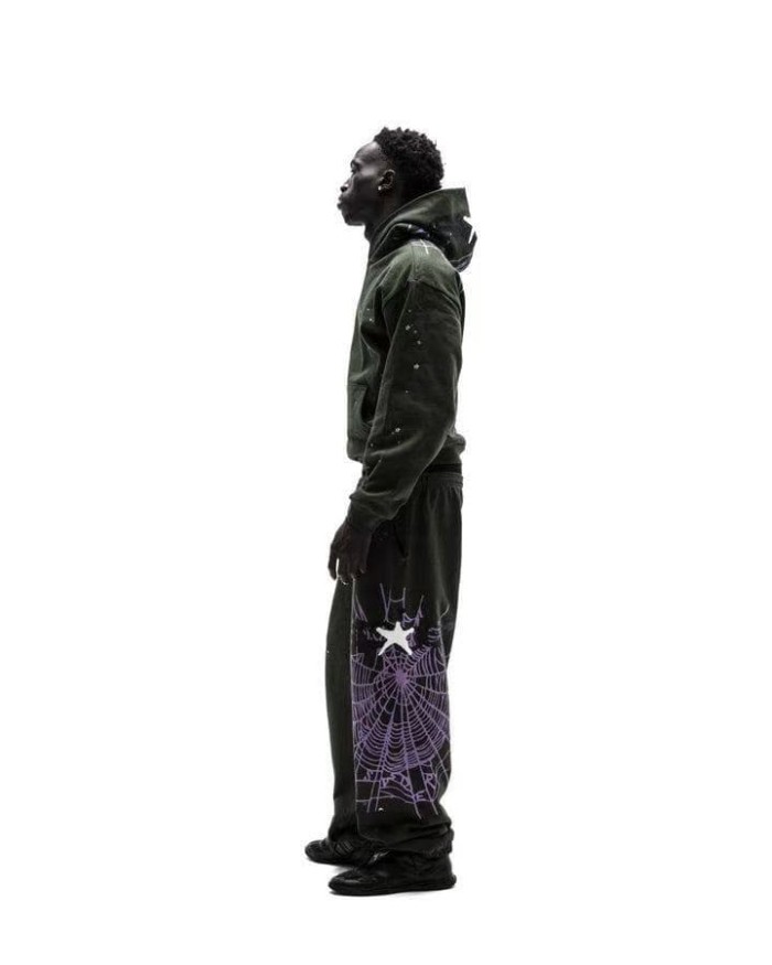 Sp5der [Big & Tall for weights up to 220 lbs]1:1 quality version Purple Spider Web Hat Small Star Hoodie & Pants Set 29533036