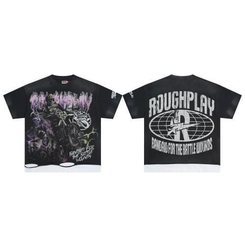 [50% Off]RoughPlay Skull Motorcycle Racer Rhinestone Letter Print Washed Version Distressed Tee 28519060