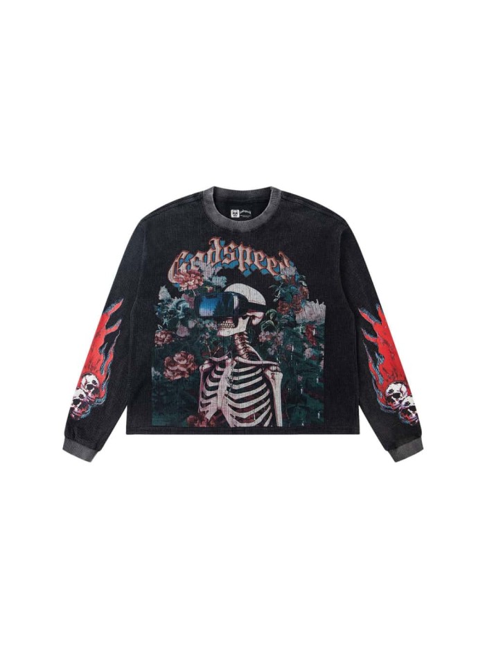 [50% Off]Godspeed Skeleton with VR Glasses Printed Washed Version Long-Sleeve T-Shirt 2 colors 28512646