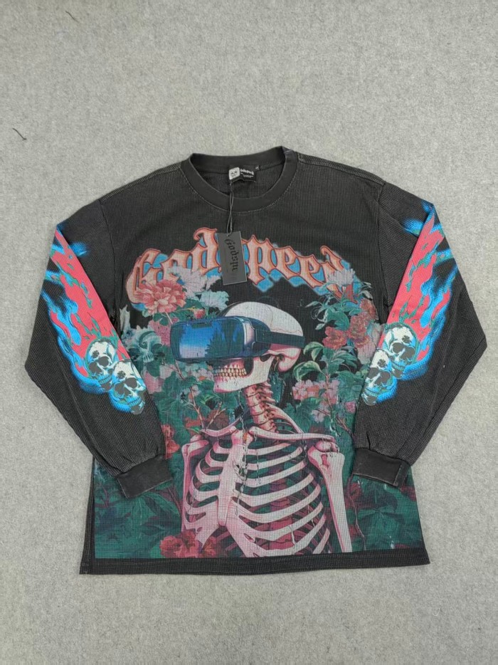 [50% Off]Godspeed Skeleton with VR Glasses Printed Washed Version Long-Sleeve T-Shirt 2 colors 28512646