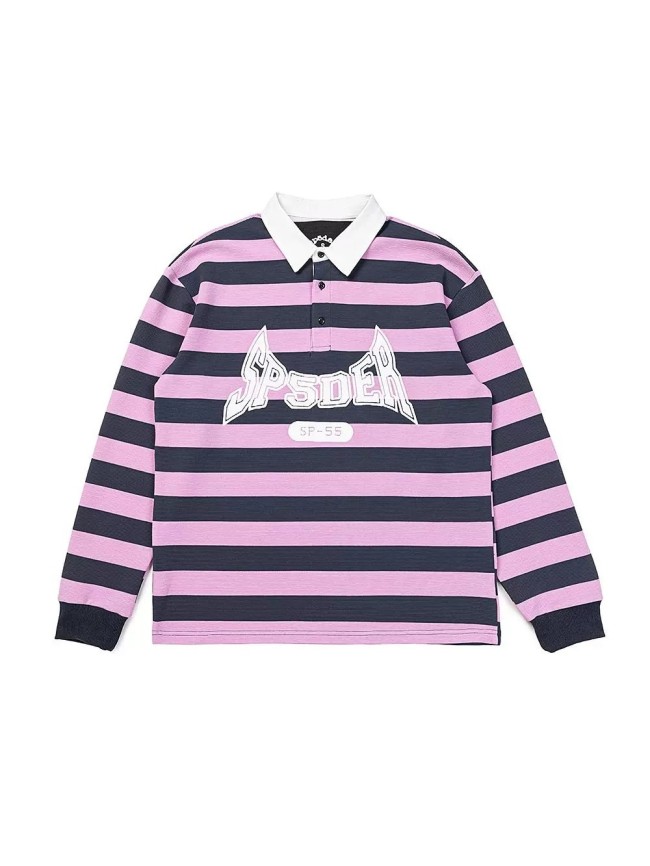 [50% Off]Sp5der Vintage Polo Neck Striped Letter Print Long Sleeve T-shirt 28632500