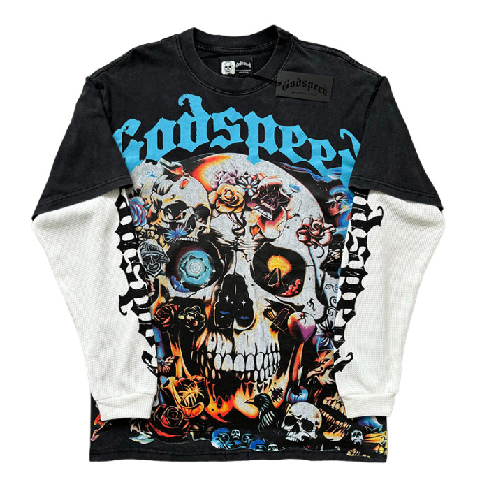 [50% Off]Godspeed Skull Glitter Bio-Print Washed Version Long-Sleeve T-Shirt 28470963