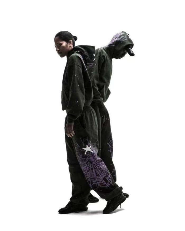 Sp5der [Big & Tall for weights up to 220 lbs]1:1 quality version Purple Spider Web Hat Small Star Hoodie & Pants Set 29533036