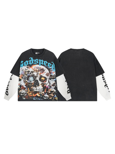 [50% Off]Godspeed Skull Glitter Bio-Print Washed Version Long-Sleeve T-Shirt 28470963