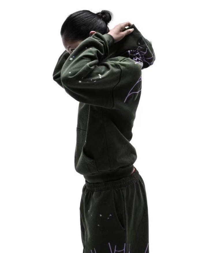 Sp5der [Big & Tall for weights up to 220 lbs]1:1 quality version Purple Spider Web Hat Small Star Hoodie & Pants Set 29533036