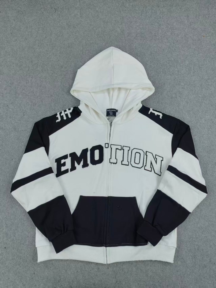 Mixed Emotion Black White Color Block Towel Embroidery Letter Zip Up Oversized Hoodie 29502492