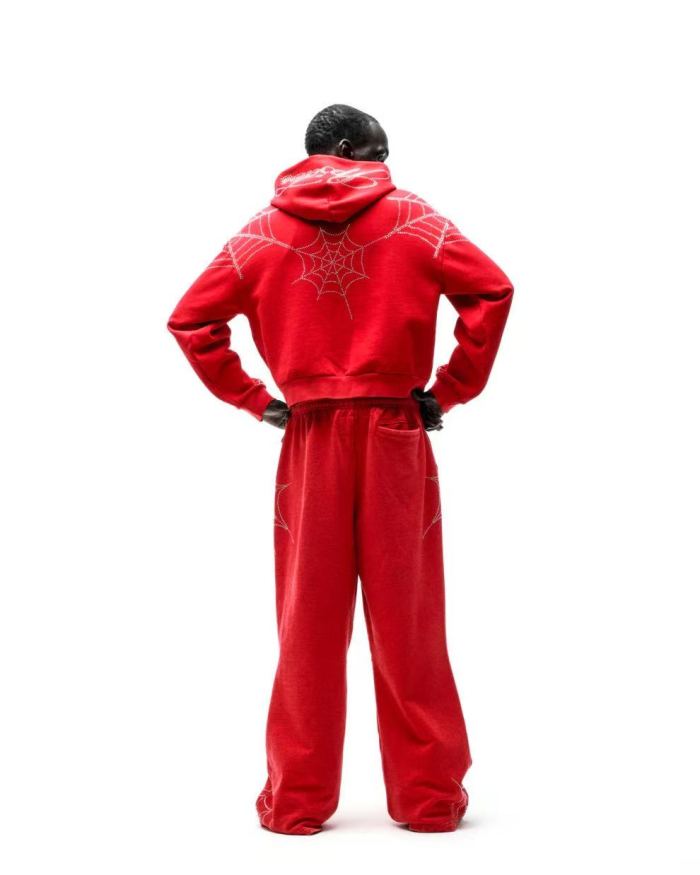 Sp5der [Big & Tall for weights up to 220 lbs] 1:1 quality version Sp5der Red Rhinestone Web Zip Hoodie & Sweatpants
