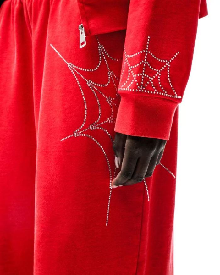 Sp5der [Big & Tall for weights up to 220 lbs] 1:1 quality version Sp5der Red Rhinestone Web Zip Hoodie & Sweatpants