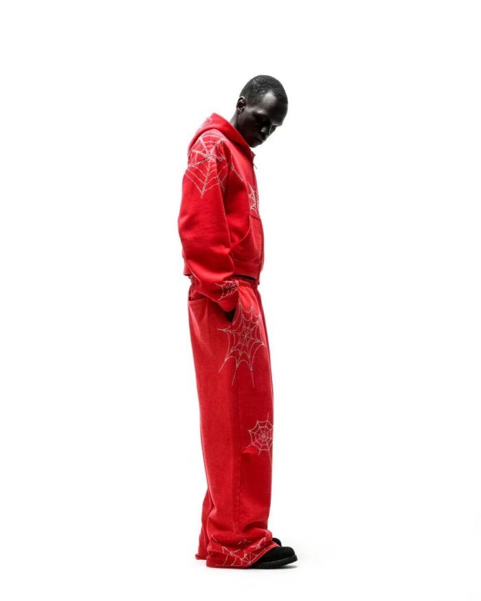 Sp5der [Big & Tall for weights up to 220 lbs] 1:1 quality version Sp5der Red Rhinestone Web Zip Hoodie & Sweatpants