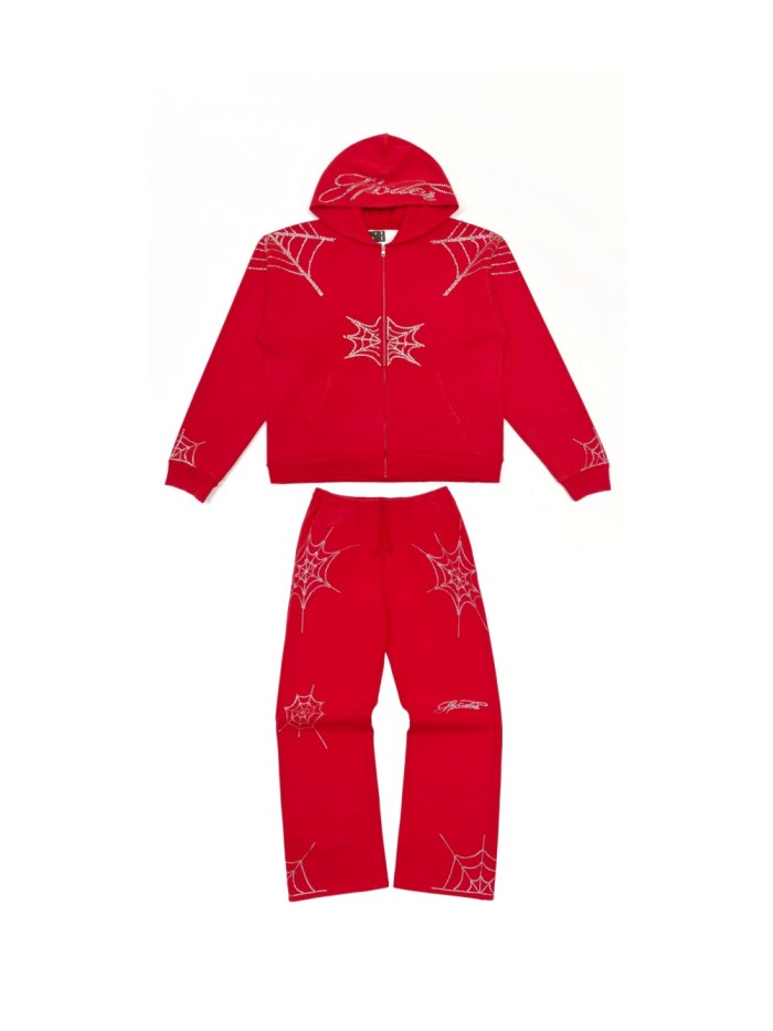 Sp5der [Big & Tall for weights up to 220 lbs] 1:1 quality version Sp5der Red Rhinestone Web Zip Hoodie & Sweatpants