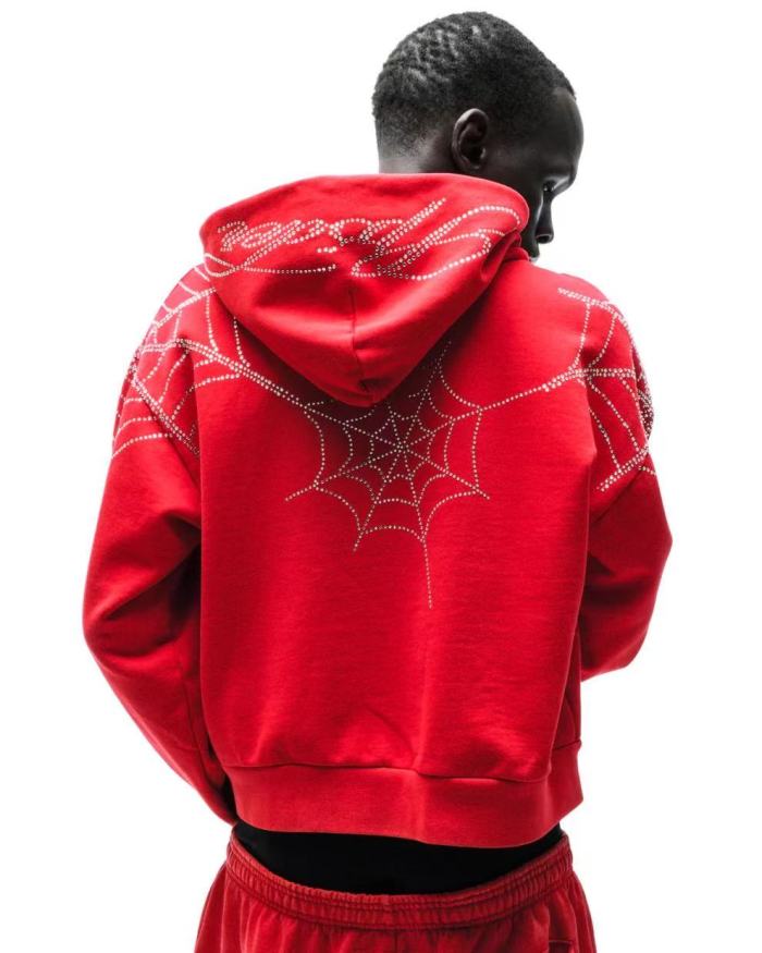 Sp5der [Big & Tall for weights up to 220 lbs] 1:1 quality version Sp5der Red Rhinestone Web Zip Hoodie & Sweatpants