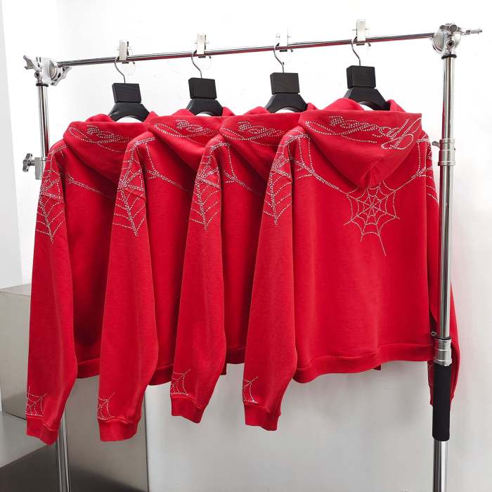 Sp5der [Big & Tall for weights up to 220 lbs] 1:1 quality version Sp5der Red Rhinestone Web Zip Hoodie & Sweatpants