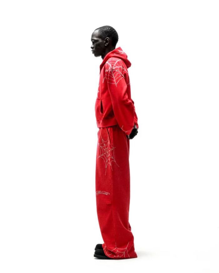 Sp5der [Big & Tall for weights up to 220 lbs] 1:1 quality version Sp5der Red Rhinestone Web Zip Hoodie & Sweatpants