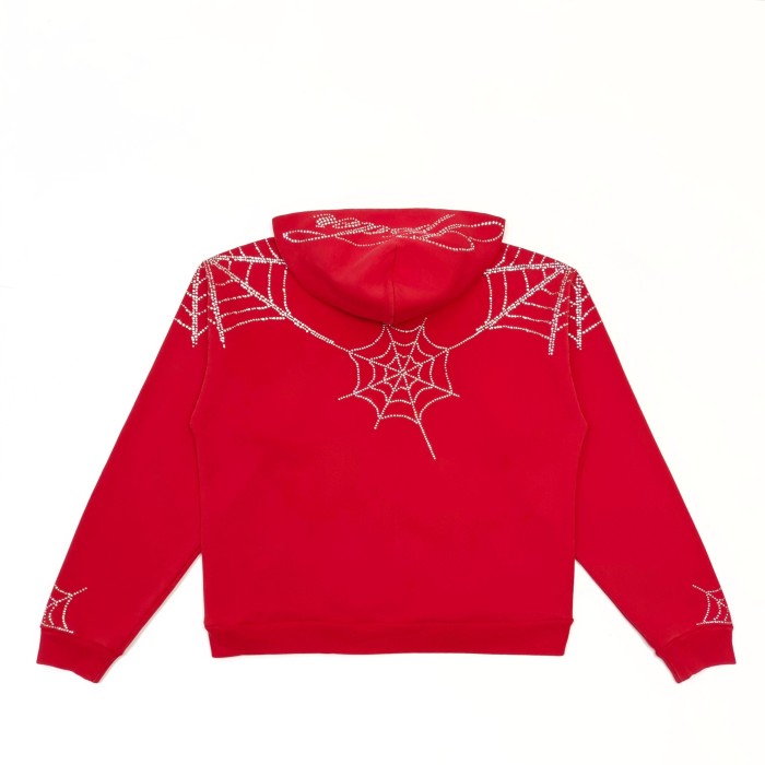 Sp5der [Big & Tall for weights up to 220 lbs] 1:1 quality version Sp5der Red Rhinestone Web Zip Hoodie & Sweatpants