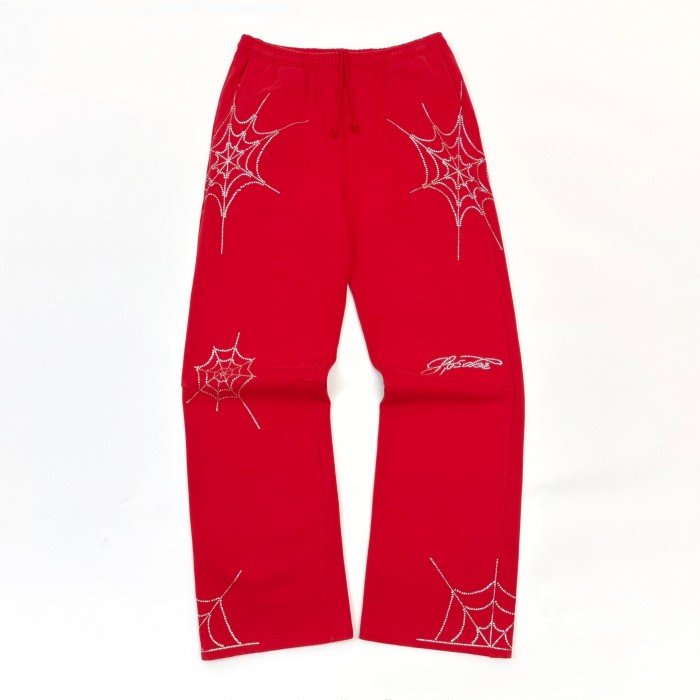 Sp5der [Big & Tall for weights up to 220 lbs] 1:1 quality version Sp5der Red Rhinestone Web Zip Hoodie & Sweatpants