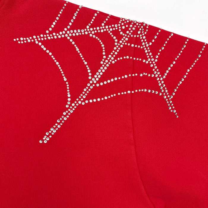Sp5der [Big & Tall for weights up to 220 lbs] 1:1 quality version Sp5der Red Rhinestone Web Zip Hoodie & Sweatpants