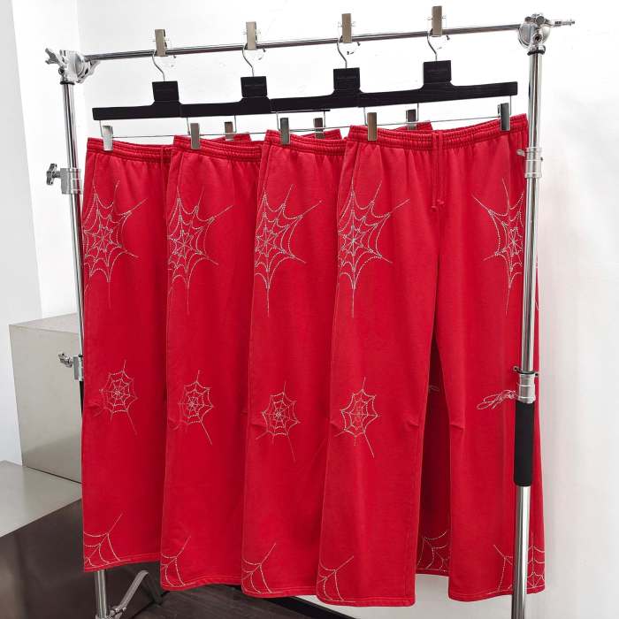 Sp5der [Big & Tall for weights up to 220 lbs] 1:1 quality version Sp5der Red Rhinestone Web Zip Hoodie & Sweatpants