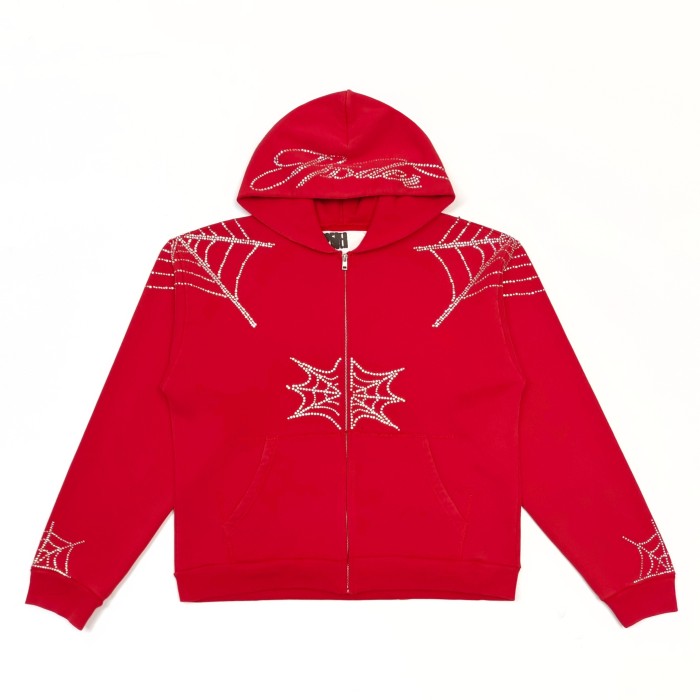 Sp5der [Big & Tall for weights up to 220 lbs] 1:1 quality version Sp5der Red Rhinestone Web Zip Hoodie & Sweatpants