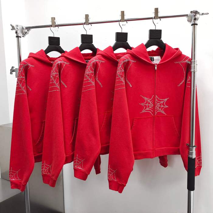 Sp5der [Big & Tall for weights up to 220 lbs] 1:1 quality version Sp5der Red Rhinestone Web Zip Hoodie & Sweatpants