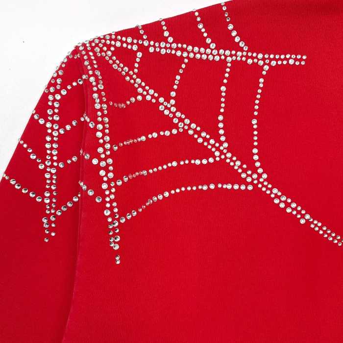 Sp5der [Big & Tall for weights up to 220 lbs] 1:1 quality version Sp5der Red Rhinestone Web Zip Hoodie & Sweatpants