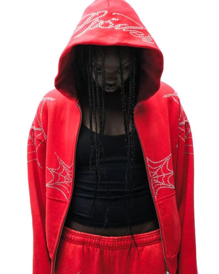 Sp5der [Big & Tall for weights up to 220 lbs] 1:1 quality version Sp5der Red Rhinestone Web Zip Hoodie & Sweatpants