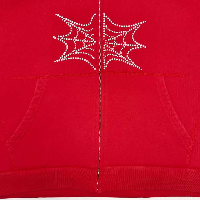 Sp5der [Big & Tall for weights up to 220 lbs] 1:1 quality version Sp5der Red Rhinestone Web Zip Hoodie & Sweatpants