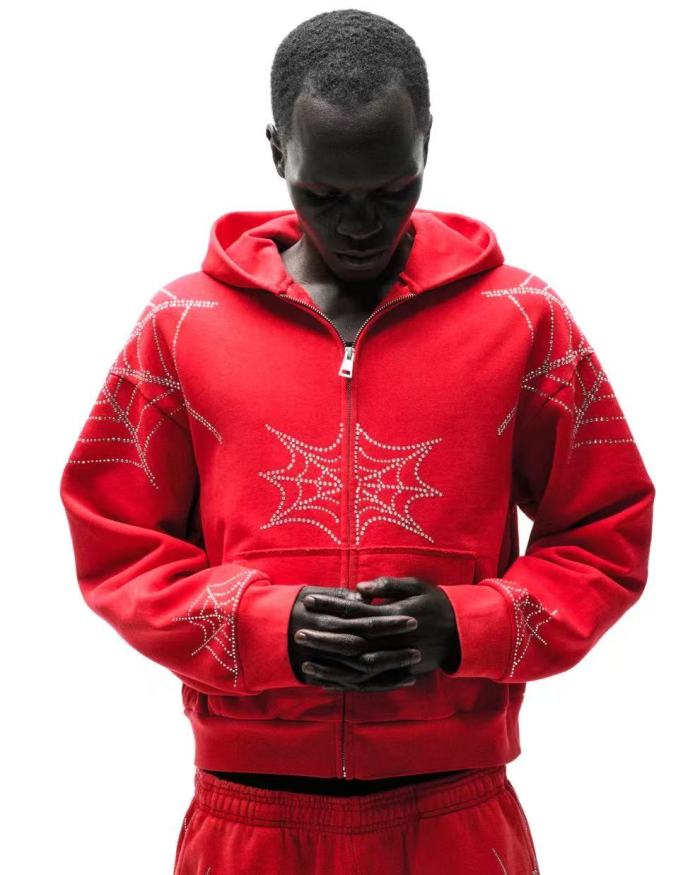 Sp5der [Big & Tall for weights up to 220 lbs] 1:1 quality version Sp5der Red Rhinestone Web Zip Hoodie & Sweatpants