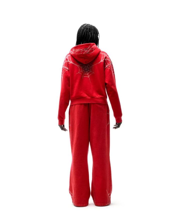Sp5der [Big & Tall for weights up to 220 lbs] 1:1 quality version Sp5der Red Rhinestone Web Zip Hoodie & Sweatpants