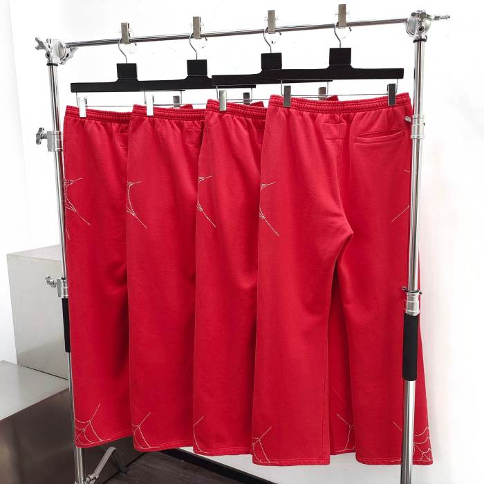 Sp5der [Big & Tall for weights up to 220 lbs] 1:1 quality version Sp5der Red Rhinestone Web Zip Hoodie & Sweatpants