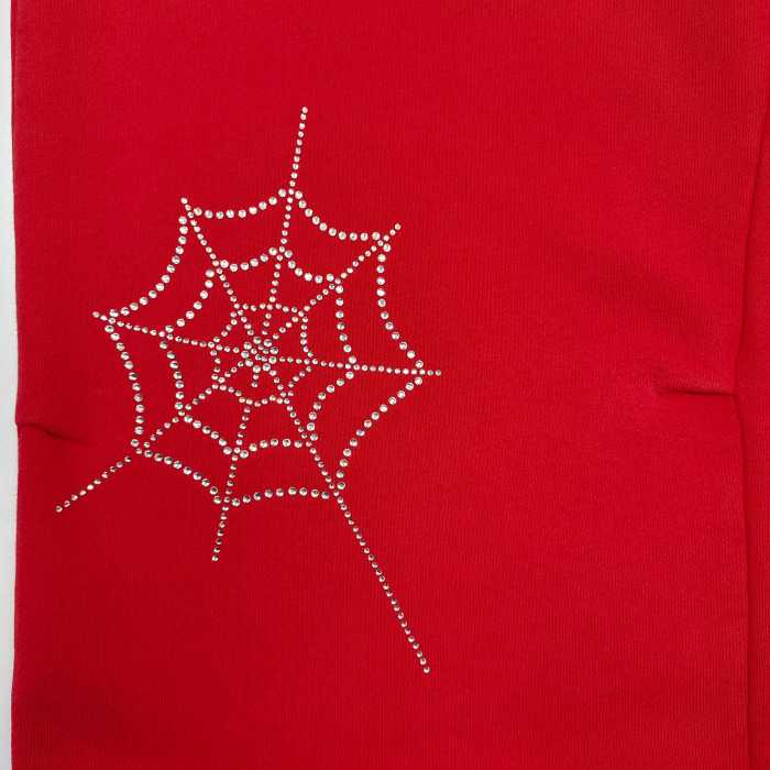Sp5der [Big & Tall for weights up to 220 lbs] 1:1 quality version Sp5der Red Rhinestone Web Zip Hoodie & Sweatpants