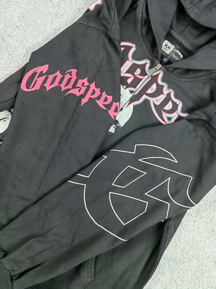 Godspeed Gothic Rivet Letter Cyborg Skull Back Cracked G Oversized Full Zip Hoodie 29525000