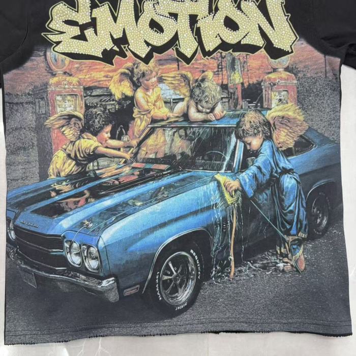 Mixed Emotion Angel Vintage Car Print Back Yellow Graffiti Letter Symbol Raw Hem T-shirt 29542521