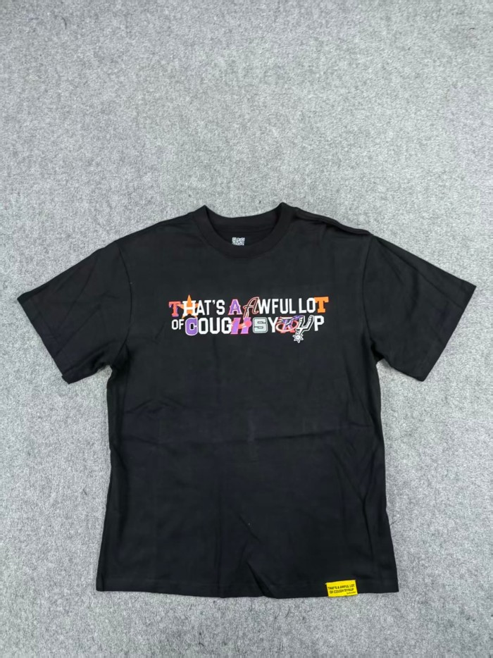Cough Syrup Y2K Modern Street Front Tiny Star Accent Multicolor Letter Back Big Mixed Color Stacked Text Print T-Shirt 29345354