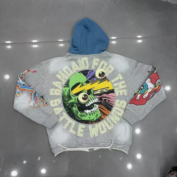 RoughPlay Back Skull Ring Slogan Sleeve Flame Eye Distressed Full Zip Hoodie 29542547