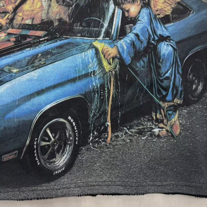 Mixed Emotion Angel Vintage Car Print Back Yellow Graffiti Letter Symbol Raw Hem T-shirt 29542521