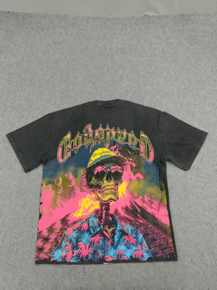 Godspeed West Coast Chicano Beach Fashion Front Chest Gradient Monogram Back Large Gothic Skeleton Palm Shirt Volcano Smoke Graphic T-Shirt 2 colors 29349532