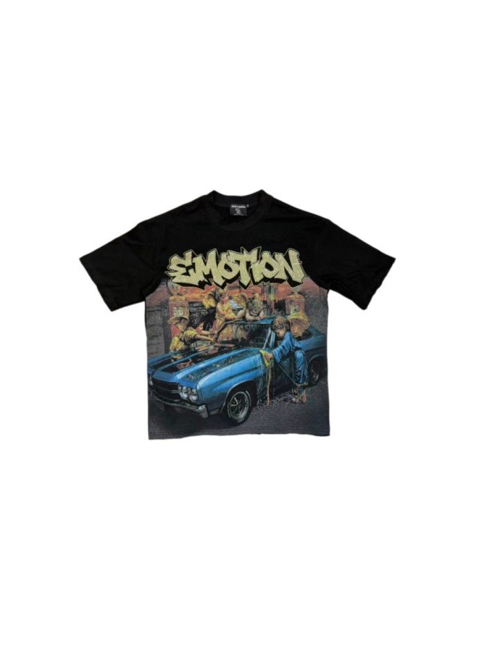Mixed Emotion Angel Vintage Car Print Back Yellow Graffiti Letter Symbol Raw Hem T-shirt 29542521