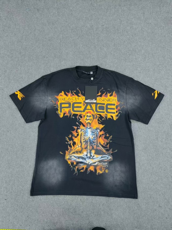 Hellstar Studio Meditating Skeleton Flame Letter Printed Washed  Version Tee