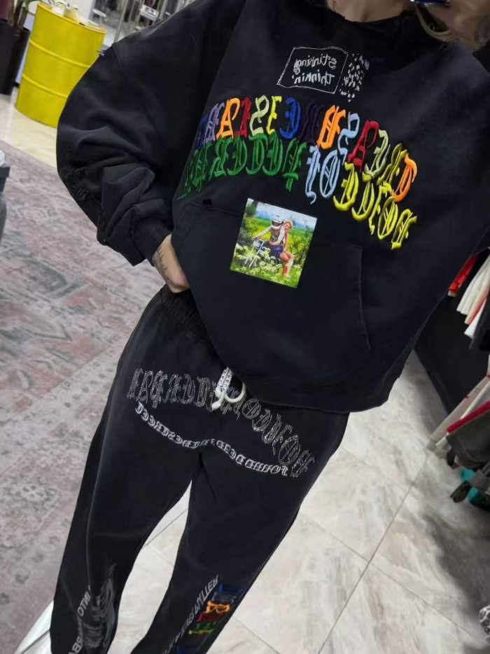 Paly Hollywood [Big & Tall for weights up to 220 lbs]1:1 quality version Colorful Letter Embroidery Poppy Photo Distressed Hoodie 29545219