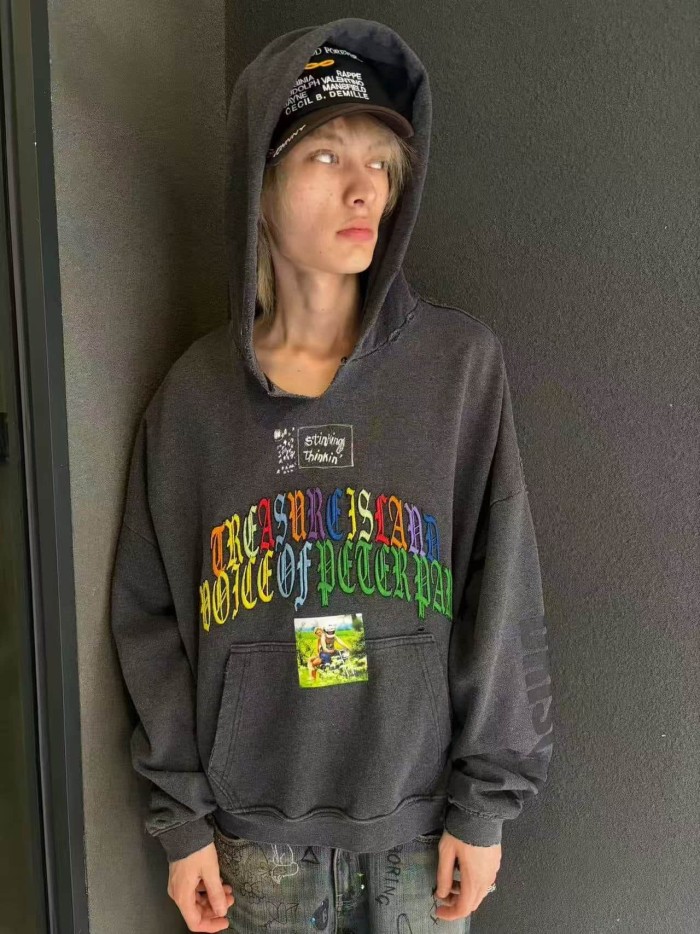 Paly Hollywood [Big & Tall for weights up to 220 lbs]1:1 quality version Colorful Letter Embroidery Poppy Photo Distressed Hoodie 29545219