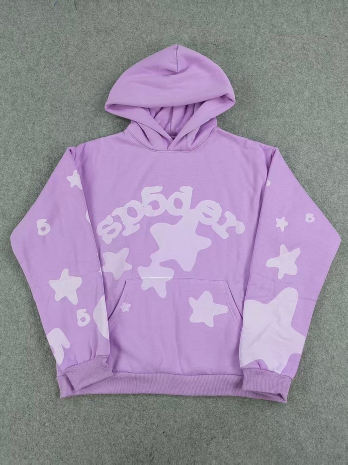 Sp5der Lavender All Over White Sp5der Letter Star Print Oversized Hoodie & Pants Set 29528847