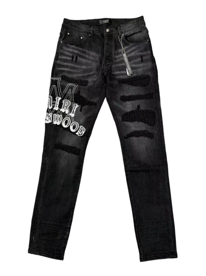 Amiri 1:1 quality version Washed Distressed Patches Hollywood Letter Embroidery Slim Jeans 29547669
