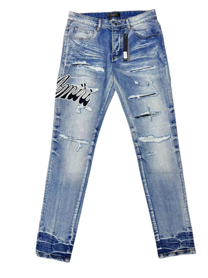 Amiri 1:1 quality version Whiskering Horizontal Distressed Rips Script Letter Embroidery Jeans 29547658