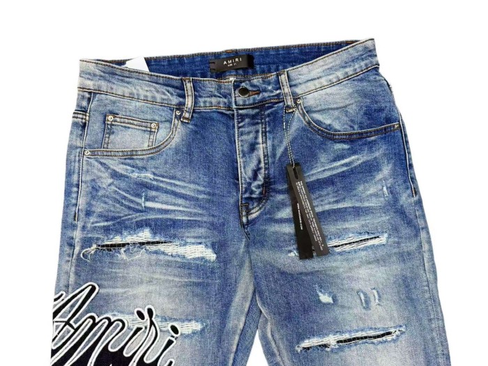 Amiri 1:1 quality version Whiskering Horizontal Distressed Rips Script Letter Embroidery Jeans 29547658
