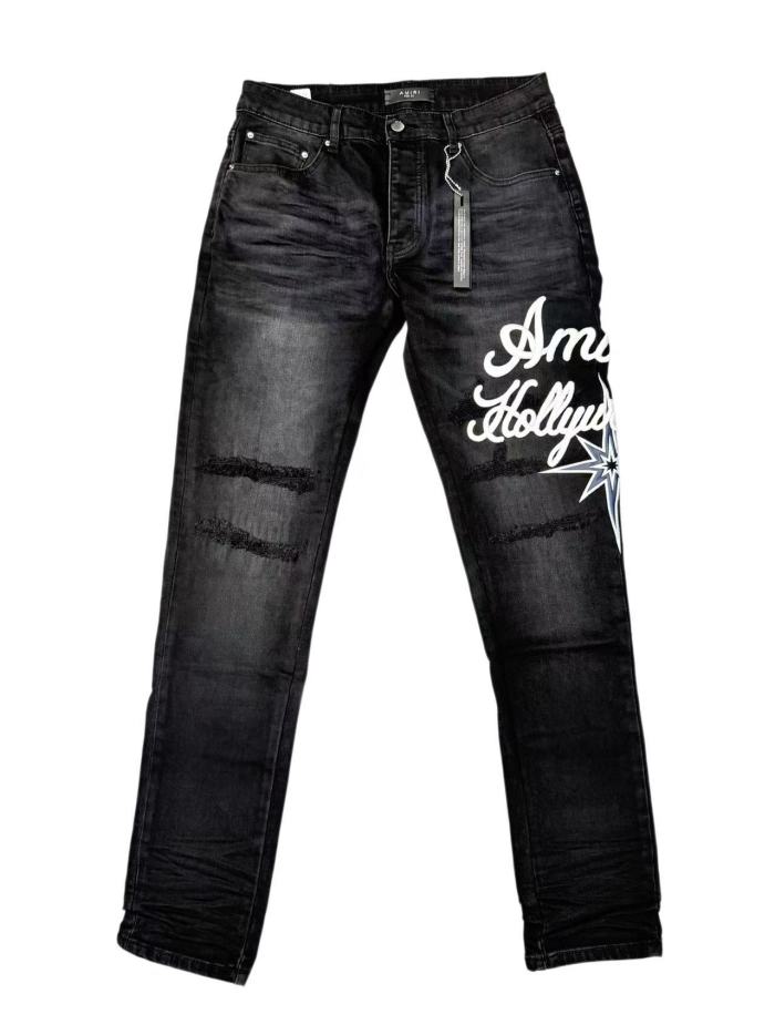 Amiri 1:1 quality version Washed Distressed Hollywood Script Embroidery Star Logo Slim Jeans 29547646