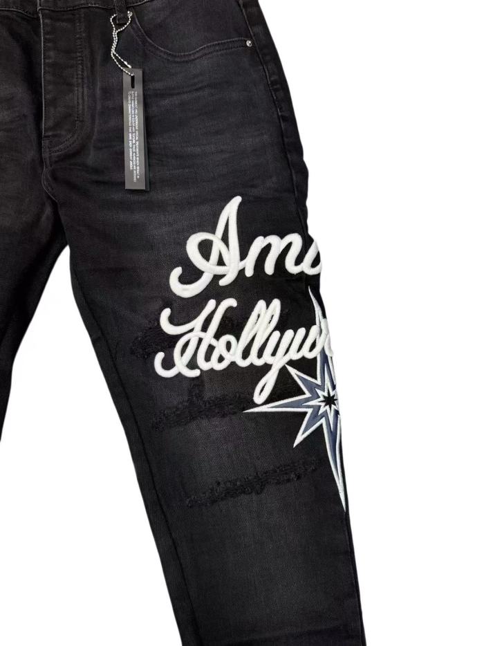 Amiri 1:1 quality version Washed Distressed Hollywood Script Embroidery Star Logo Slim Jeans 29547646