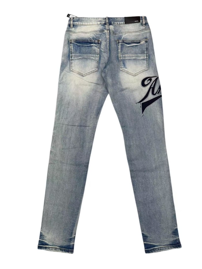 Amiri 1:1 quality version Washed Ripped Repair Script Letter Embroidery Slim Straight Jeans 29547652