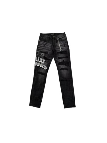 Amiri 1:1 quality version Washed Distressed Patches Hollywood Letter Embroidery Slim Jeans 29547669