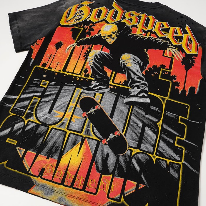 Godspeed Washed Front Skate Skeleton Gothic Letter Back Champion Slogan T-Shirt 29554988